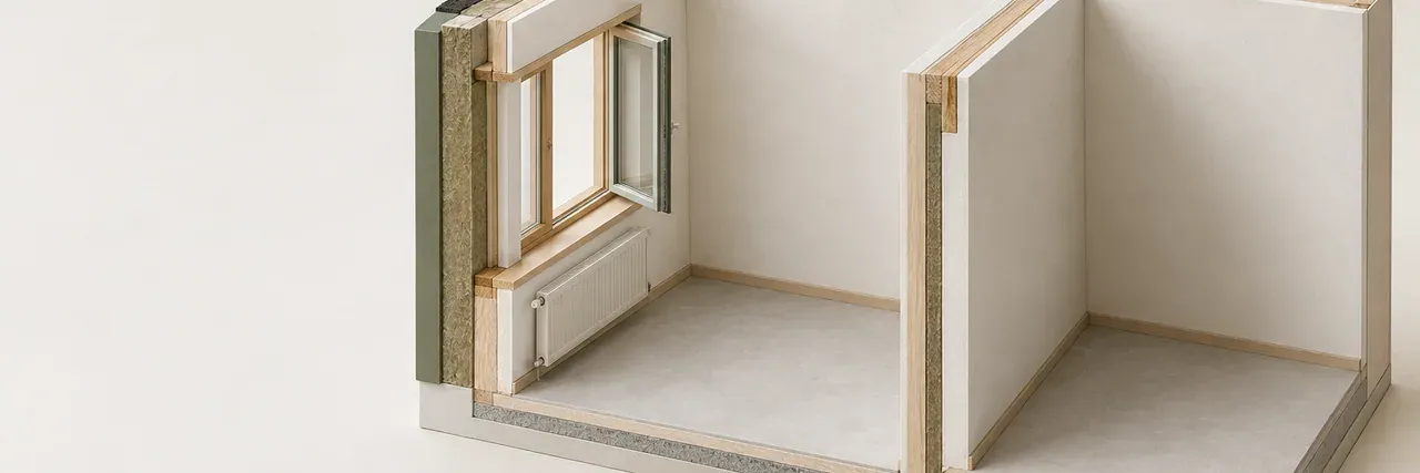 Schnittmodell eines Wohnhauses mit zwei Räumen, Fenster, Heizkörper und sichtbarem Wandaufbau auf einem warmen, hellen Studiogrund.