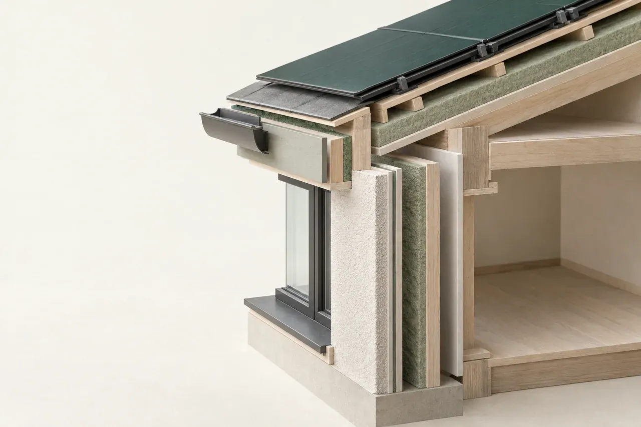 Schnittmodell eines Hauses mit sichtbar getrennten Schichten an Dachrand, Außenwand und Fensterlaibung.