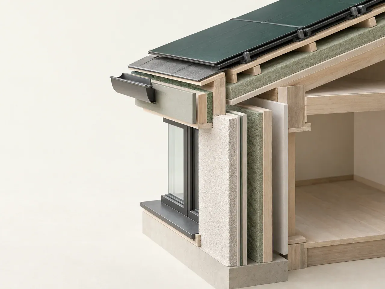 Schnittmodell eines Hauses mit sichtbar getrennten Schichten an Dachrand, Außenwand und Fensterlaibung.