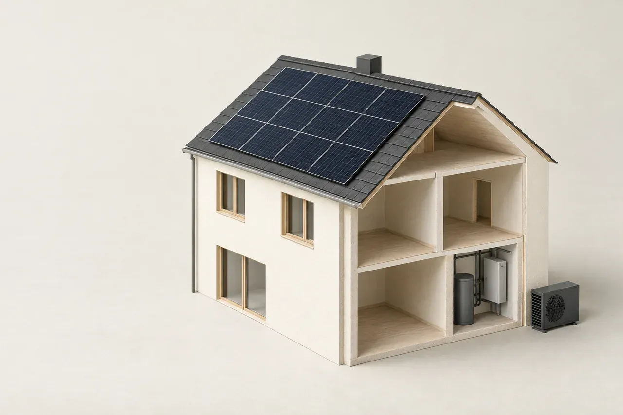 Modell eines Wohnhauses mit Solarmodulen auf dem Dach und einem geöffneten Wandabschnitt, der den Technikraum zeigt.