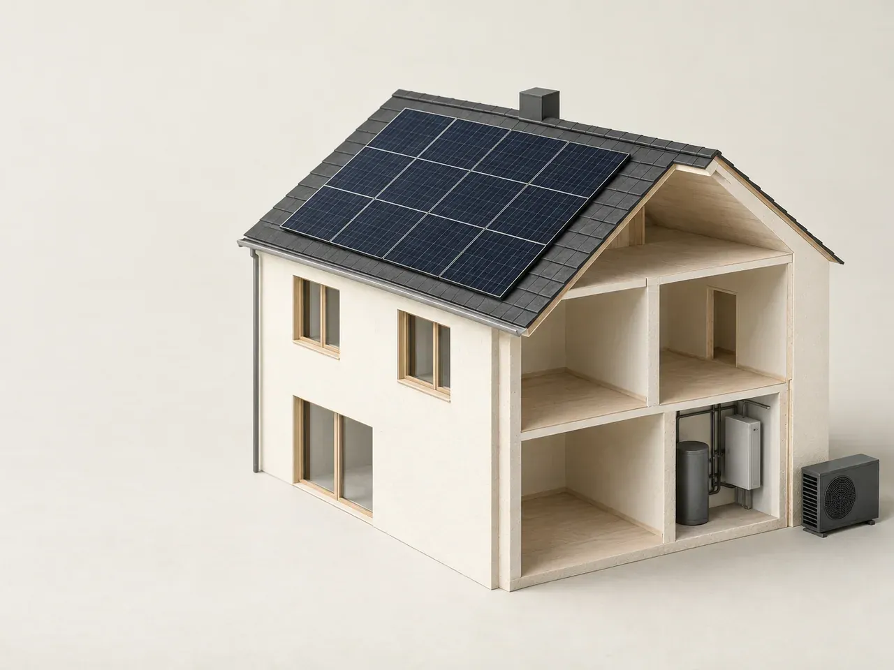 Modell eines Wohnhauses mit Solarmodulen auf dem Dach und einem geöffneten Wandabschnitt, der den Technikraum zeigt.
