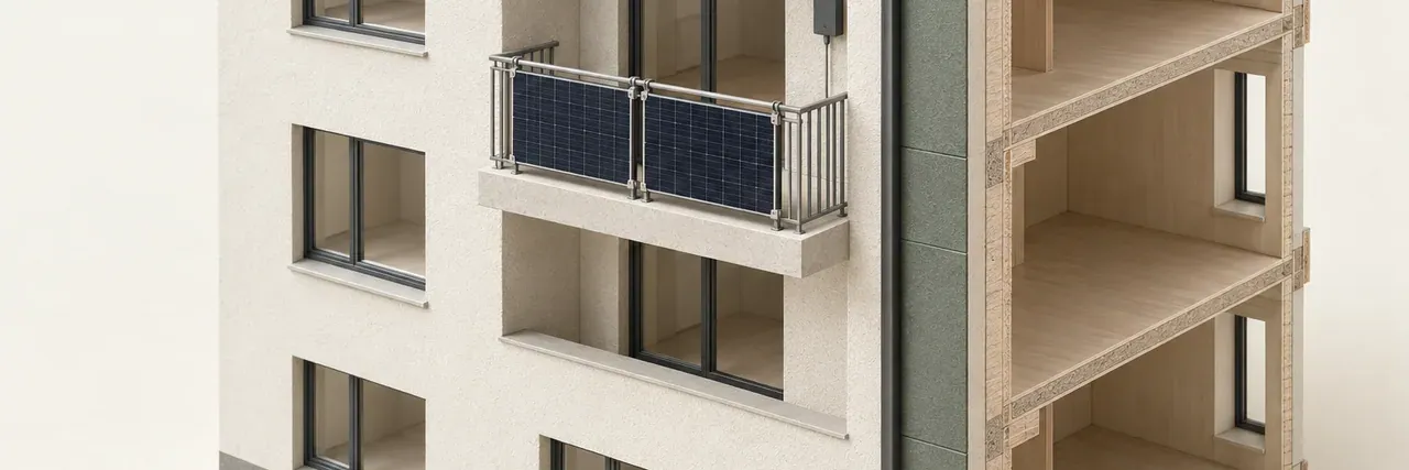Architekturmodell eines Mehrfamilienhauses mit zwei Solarmodulen an einem Balkongeländer und einem kleinen Gerätegehäuse.