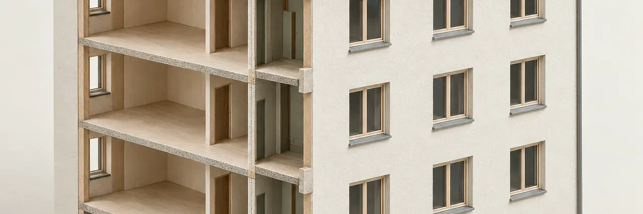 Schnittmodell eines kleinen Mehrfamilienhauses mit einem gemeinsamen Technikbereich im Erdgeschoss und Solarmodulen auf dem Dach.