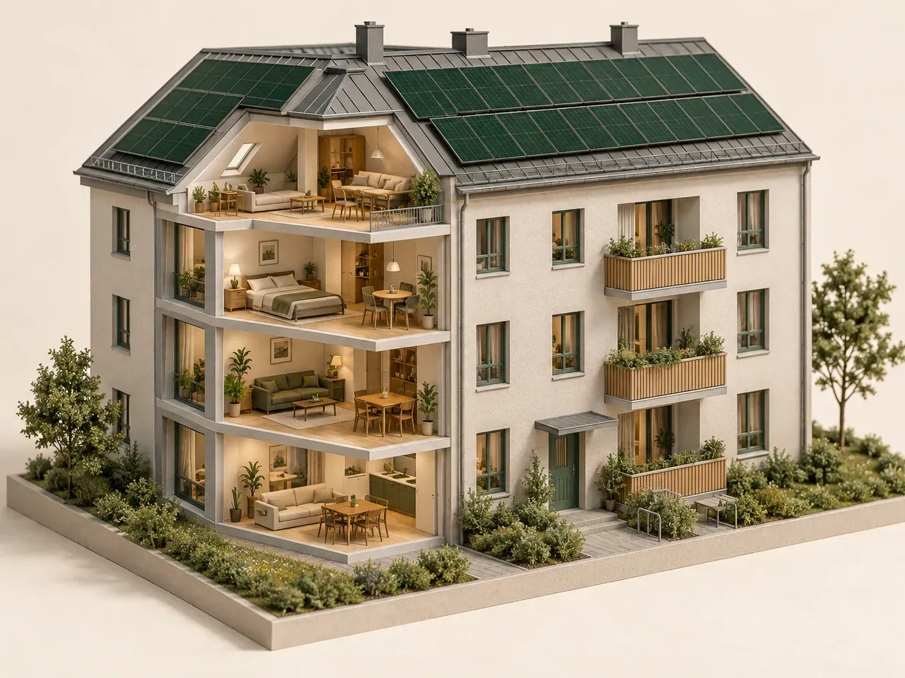 Architekturmodell eines mehrgeschossigen Wohnhauses mit Solarmodulen auf dem Dach und offenem Fassadenausschnitt, der mehrere Wohnungen zeigt.