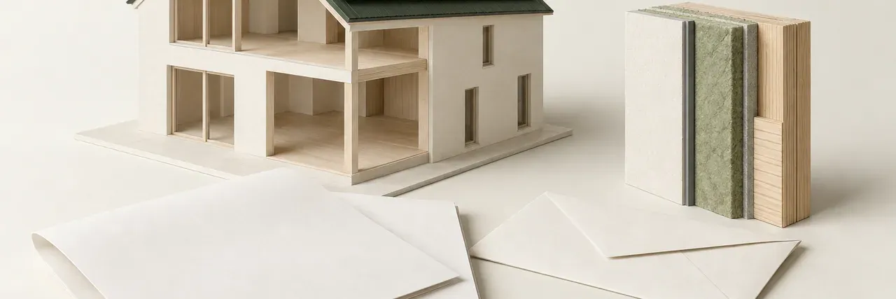 Zwei neutrale Planblätter neben einem Dachmodell mit Solarmodulen und einem kleinen Hausmodell aus Architekturkarton.