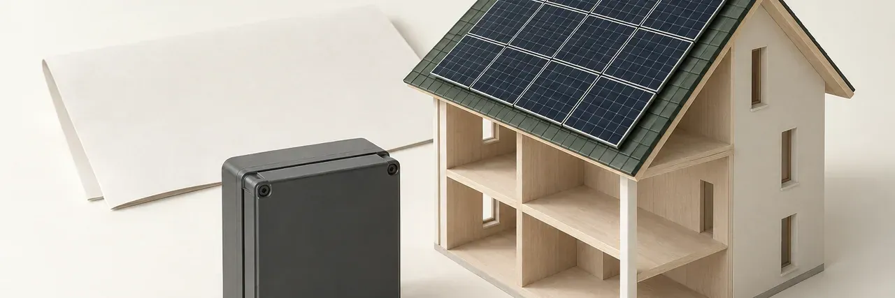 Architekturmodell eines Hauses mit Solarmodulen auf einem herausgenommenen Dachsegment, daneben ein vereinfachtes Zählergehäuse ohne Beschriftung.