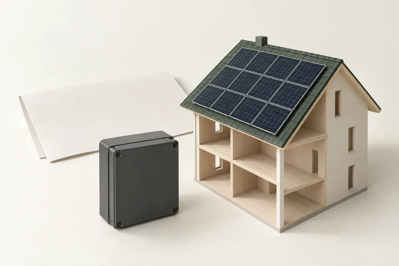 Architekturmodell eines Hauses mit Solarmodulen auf einem herausgenommenen Dachsegment, daneben ein vereinfachtes Zählergehäuse ohne Beschriftung.